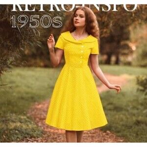 1950s Vintage Retro Dresses Polka Dot Short Sleeve Button Midi Dresses Party